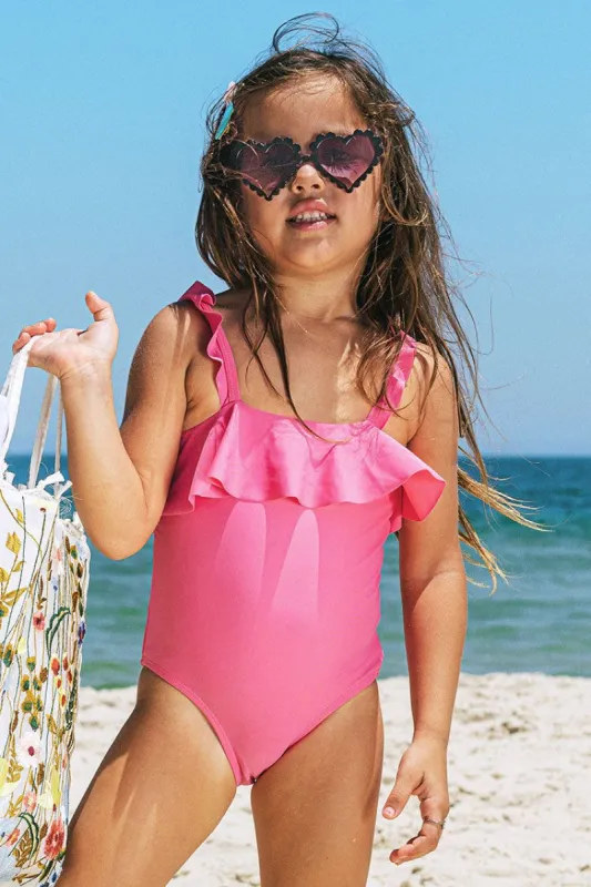 Girls' Joyful Retro Solid Ruffled Pink One Piece Swimsuit sold by Cupshe