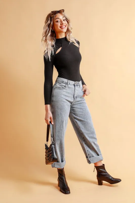Alycia Black High Neck Cut Out Bodysuit sold by Cupshe