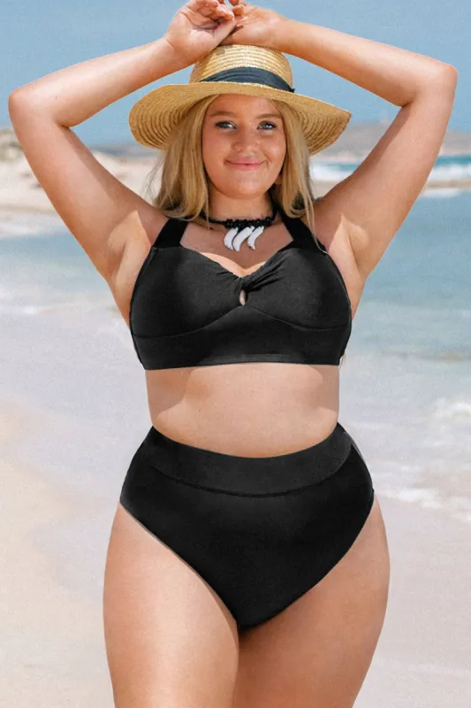 Charmed Romance Twist Front Black Plus Size Midkini sold by Cupshe