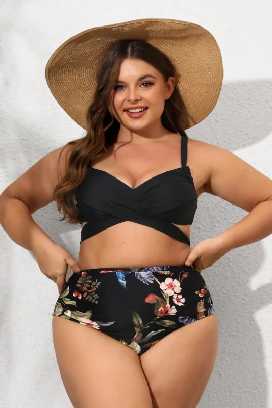 Dark Ground Tropicals Bralette & Shirred Plus Size Bikini Set sold by Cupshe