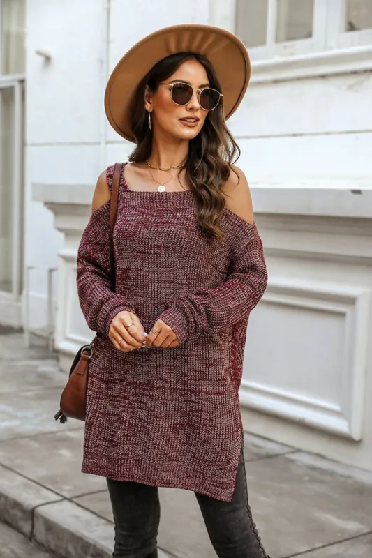 Brandy Marled Knit Open-Shoulder Sweater sold by Cupshe