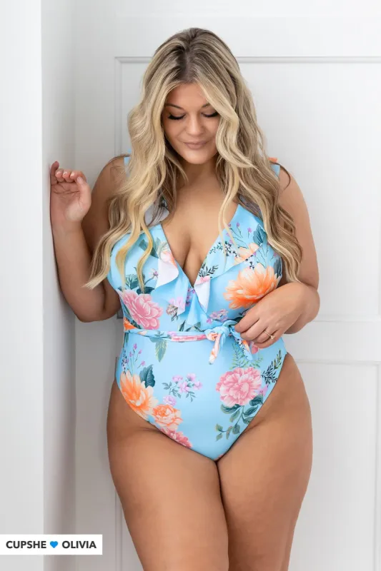 Eden Floral Belted Ruffled Plunge One Piece Swimsuit sold by Cupshe