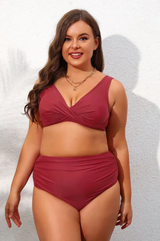Wrap Lace-Back Bralette & Shirred High Waist Plus Size Bikini Set sold by Cupshe