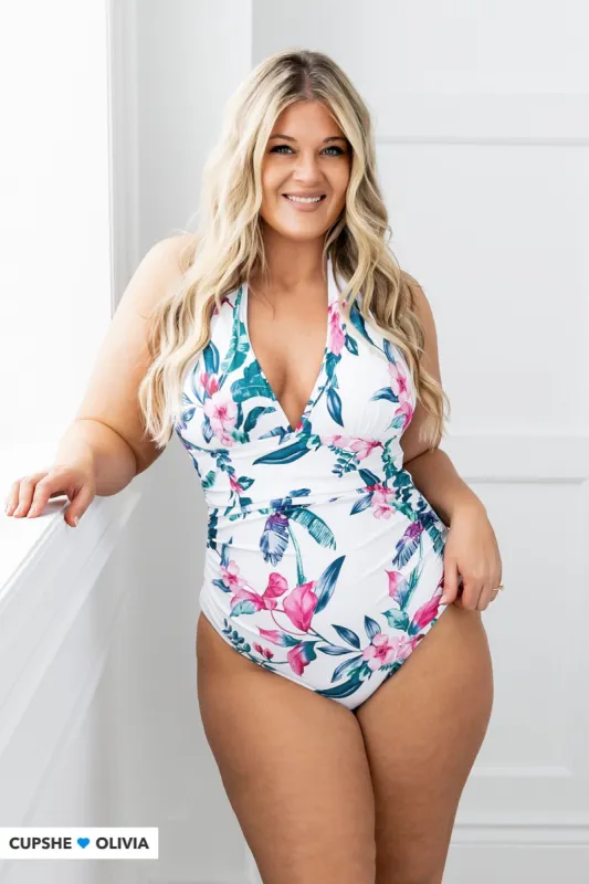 Gradient Tropicals Plunge Halter Shirred One Piece Swimsuit sold by Cupshe