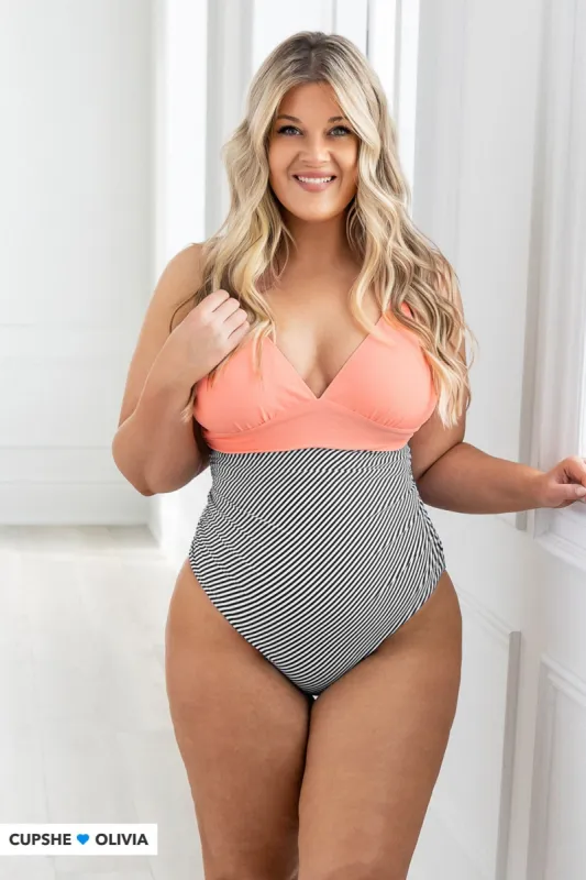Peachy and Striped Tummy Control One Piece Swimsuit sold by Cupshe