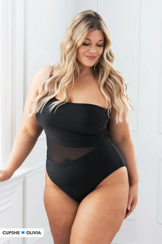 Forest Adventure Solid Mesh One Shoulder Black One Piece Swimsuit sold by Cupshe