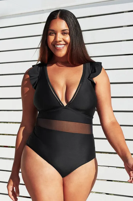 Black Ruffle Plunge V Neck Plus Size One Piece Swimsuit sold by Cupshe