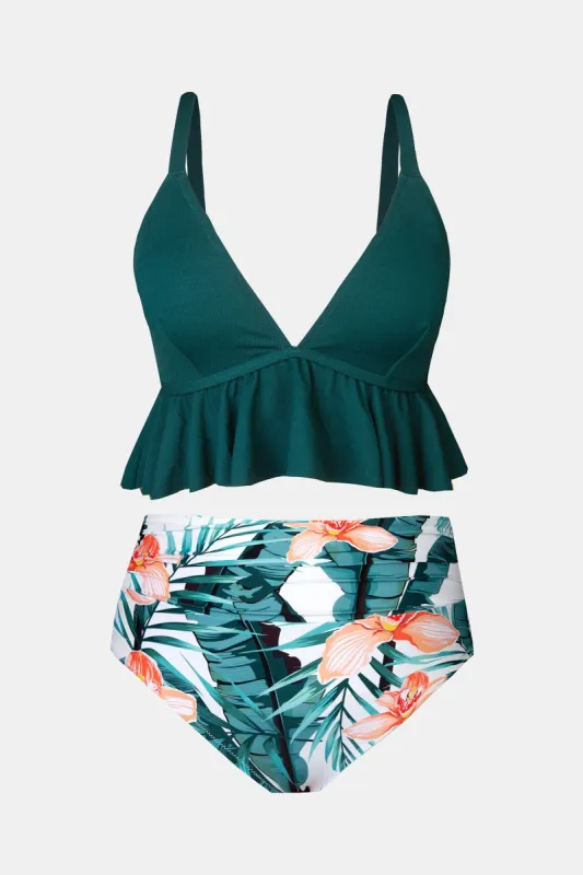 Green and Floral Ruffle Plus Size Bikini sold by Cupshe