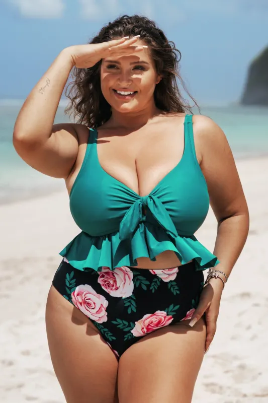Yaritza Knotted Ruffle Plus Size Tankini made by Cupshe