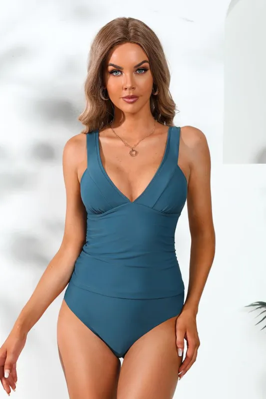 Essential Space Ruched Tankini & Retro Hipster Bikini Set sold by Cupshe