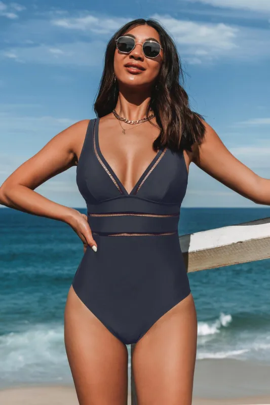 Essential Space Plunge Ladder Trim Monokini Dark Navy Swimsuit sold by Cupshe