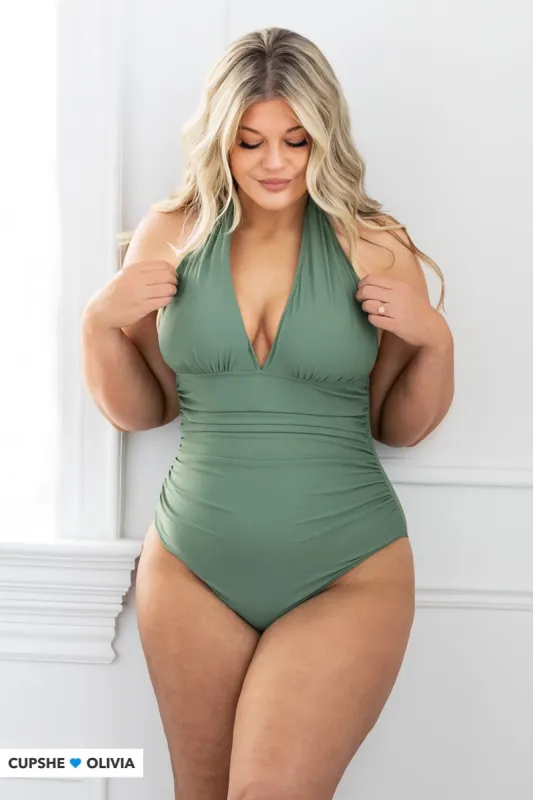 Plunging Halter Shirred Green One Piece Swimsuit sold by Cupshe