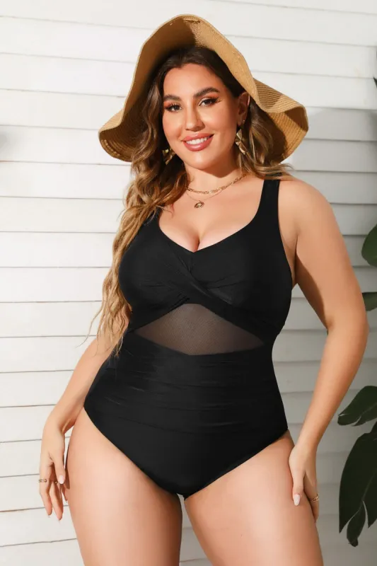 Party in Paradise Shirred Mesh Plus Size One Piece Swimsuit sold by Cupshe