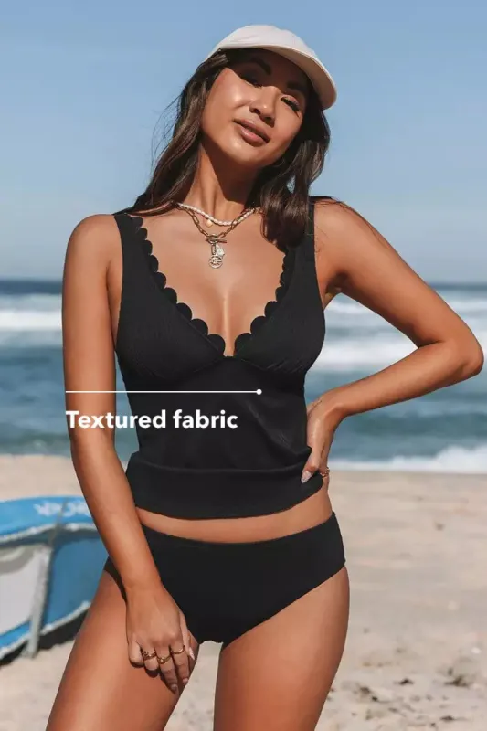 Flowing Lines Scalloped Tankini & Retro Hipster Set sold by Cupshe