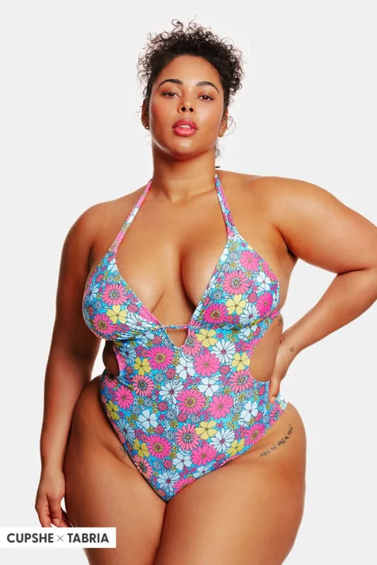 Point Dume Daisy Plunging Halter Tie-Back Plus Size Monokini Swimsuit sold by Cupshe