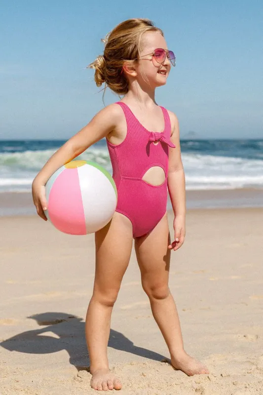 Girls Summer Dreaming Pink Ribbed Bunny Tie Front One Piece Swimsuit sold by Cupshe
