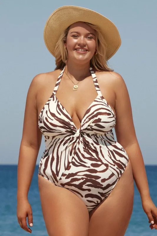 Abstract Art Plunge Twist Halter Plus Size One Piece Swimsuit sold by Cupshe