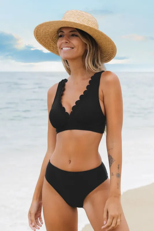 Enjoy the Sun Scalloped Bralette & Mid Rise Hipster Bikini Set sold by Cupshe