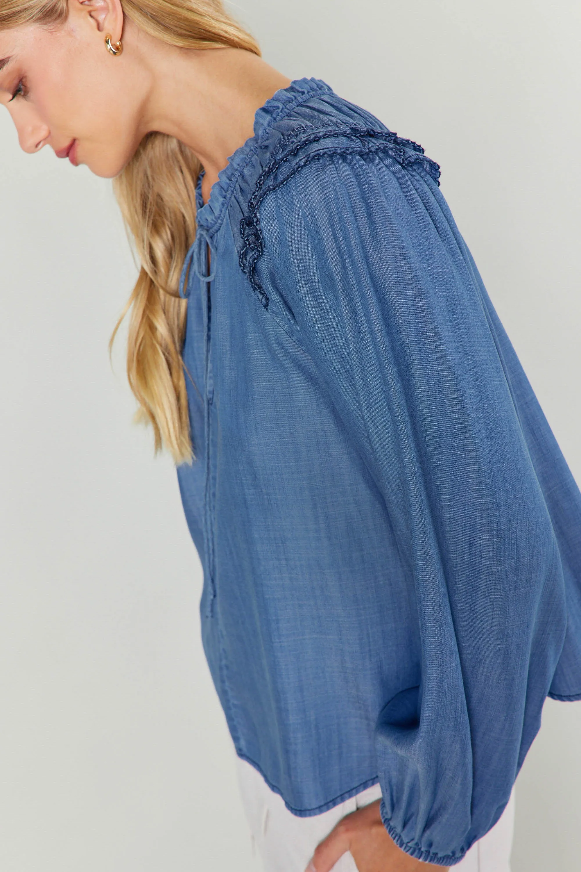 Chambray Picot Stitched Blouse sold by Current Air product image thumbnail 5