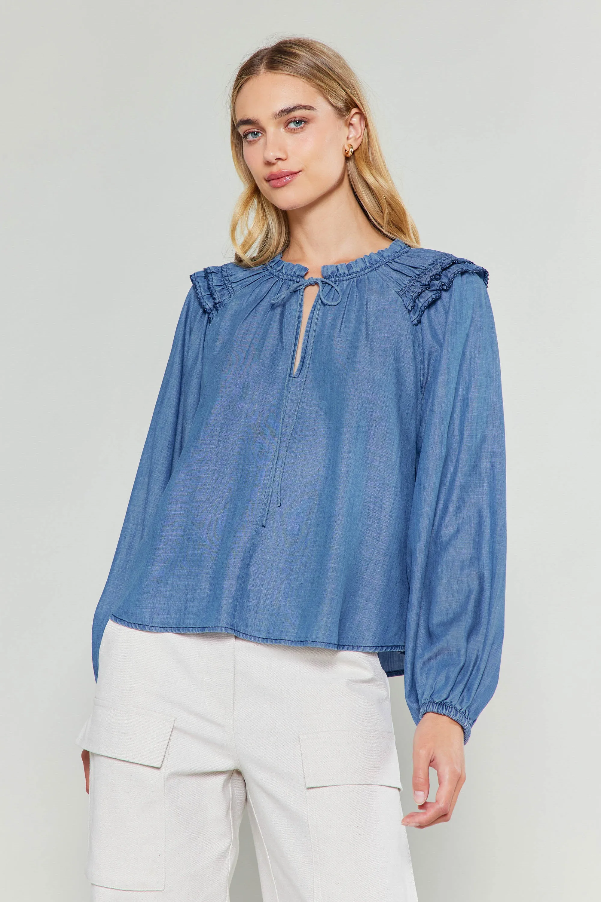 Chambray Picot Stitched Blouse sold by Current Air