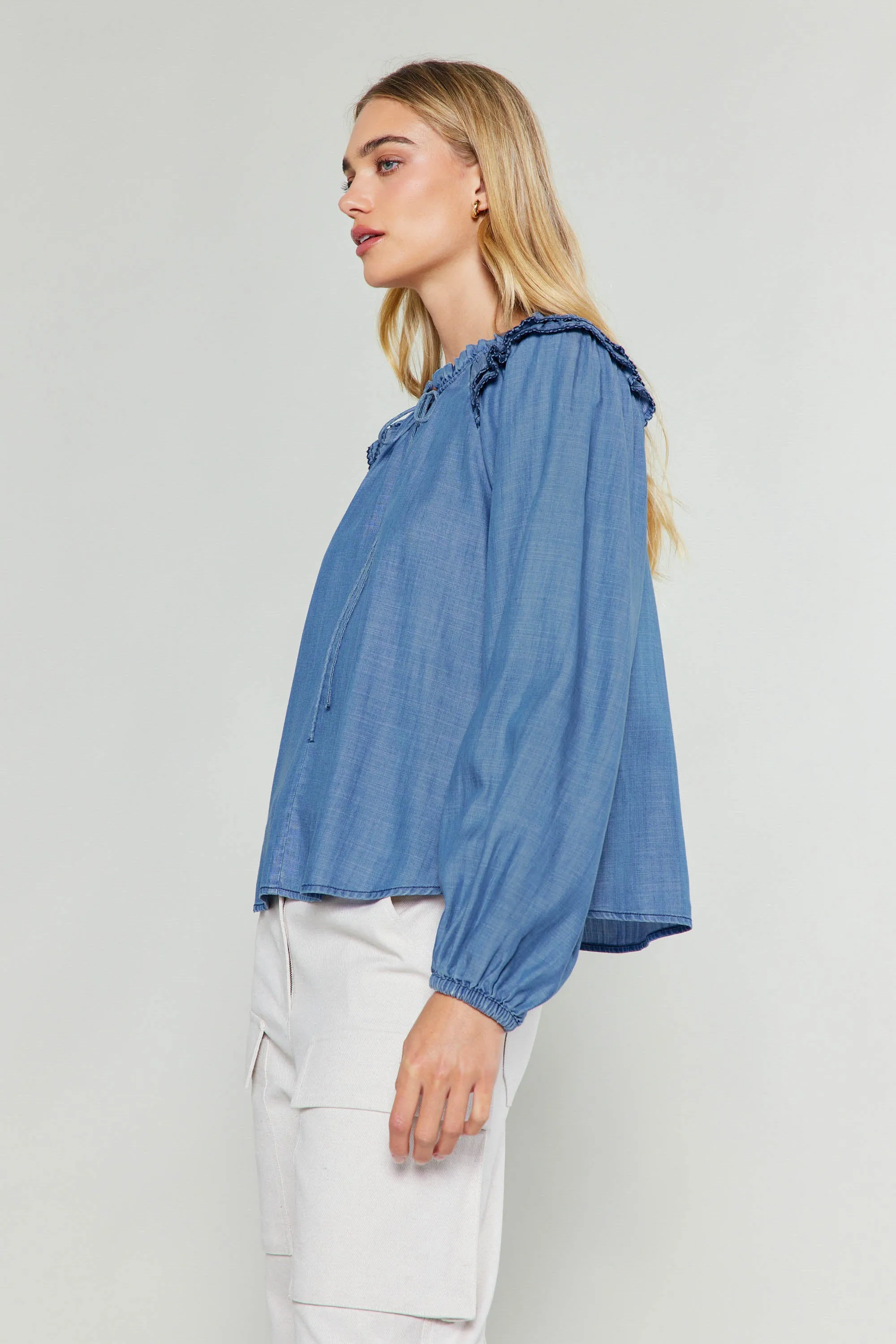 Chambray Picot Stitched Blouse sold by Current Air product image thumbnail 4