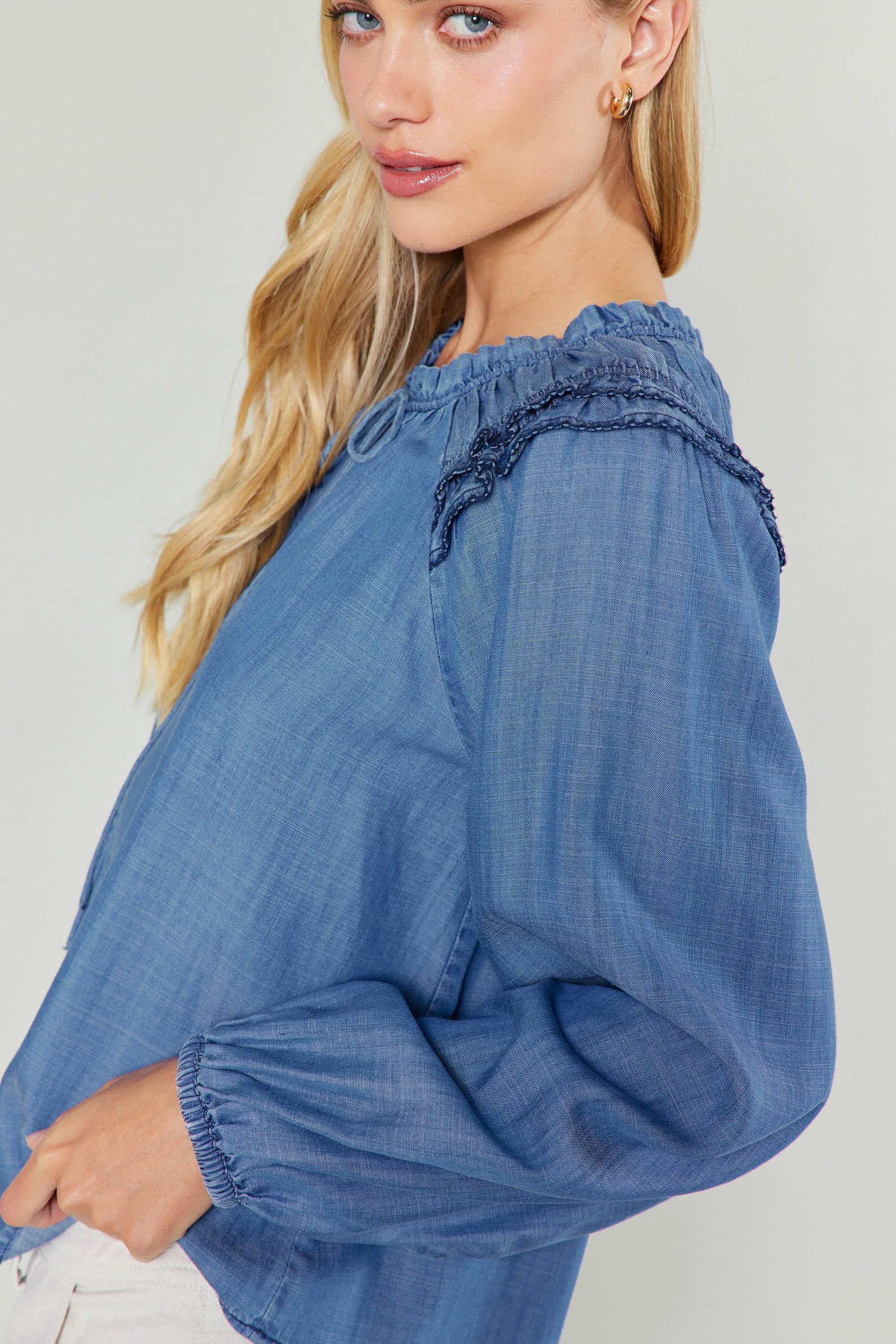 Chambray Picot Stitched Blouse sold by Current Air product image thumbnail 3