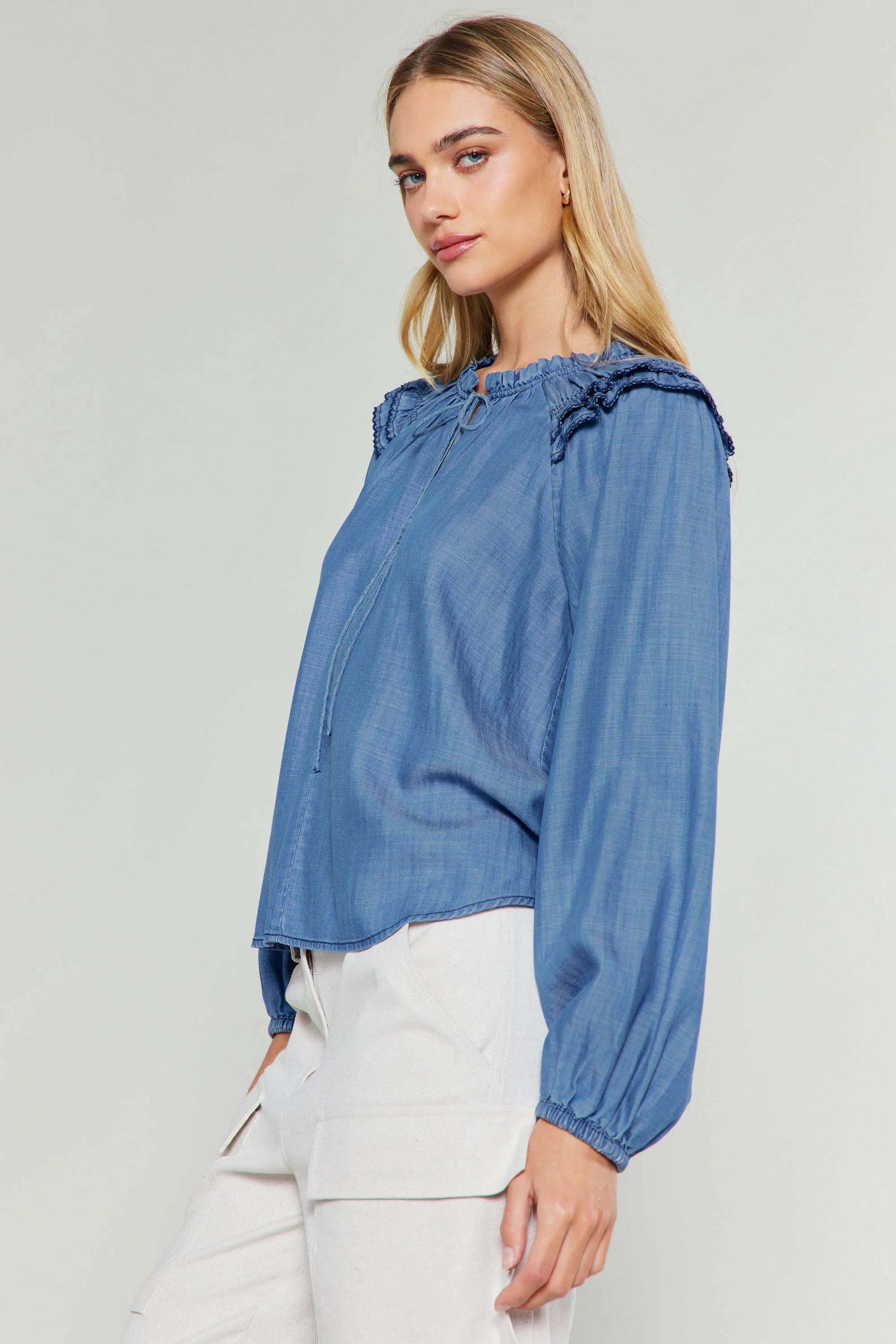 Chambray Picot Stitched Blouse sold by Current Air product image thumbnail 2