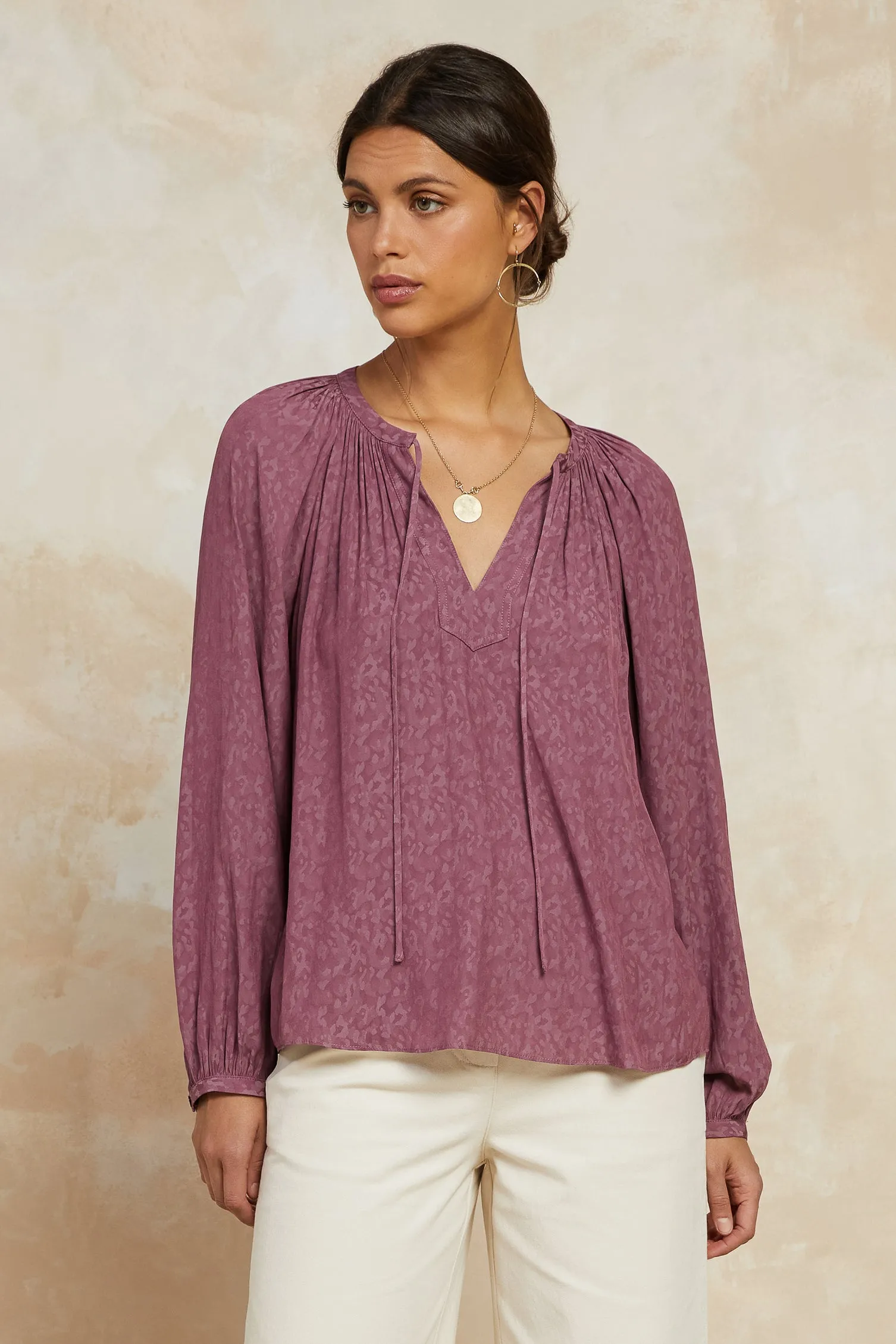 Floral Jacquard Split Neck Top sold by Current Air