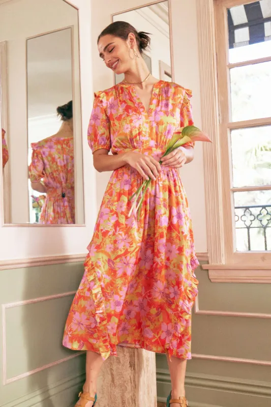 Ruffled Shoulder Floral Midi Dress made by Current Air