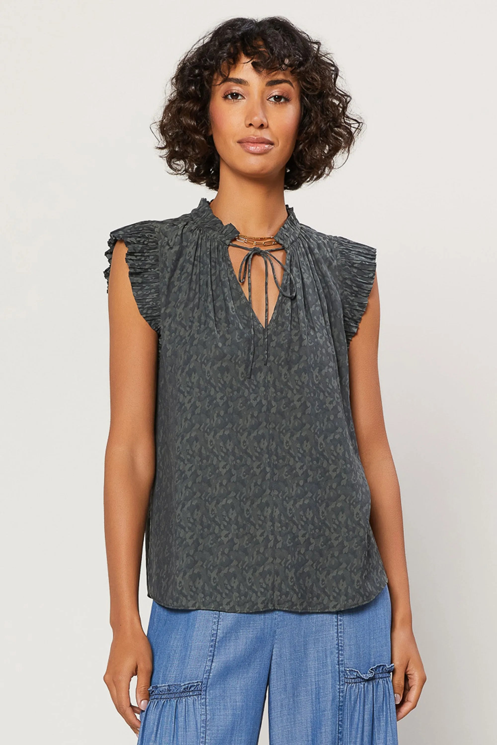 Margot Jacquard Pleated Sleeve Blouse sold by Current Air