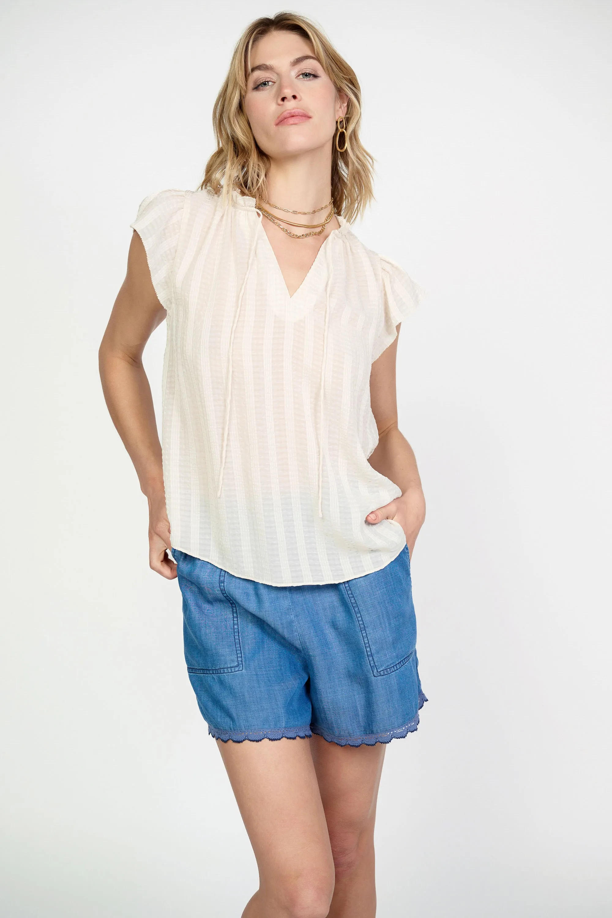 Picot Flutter Sleeve Blouse sold by Current Air