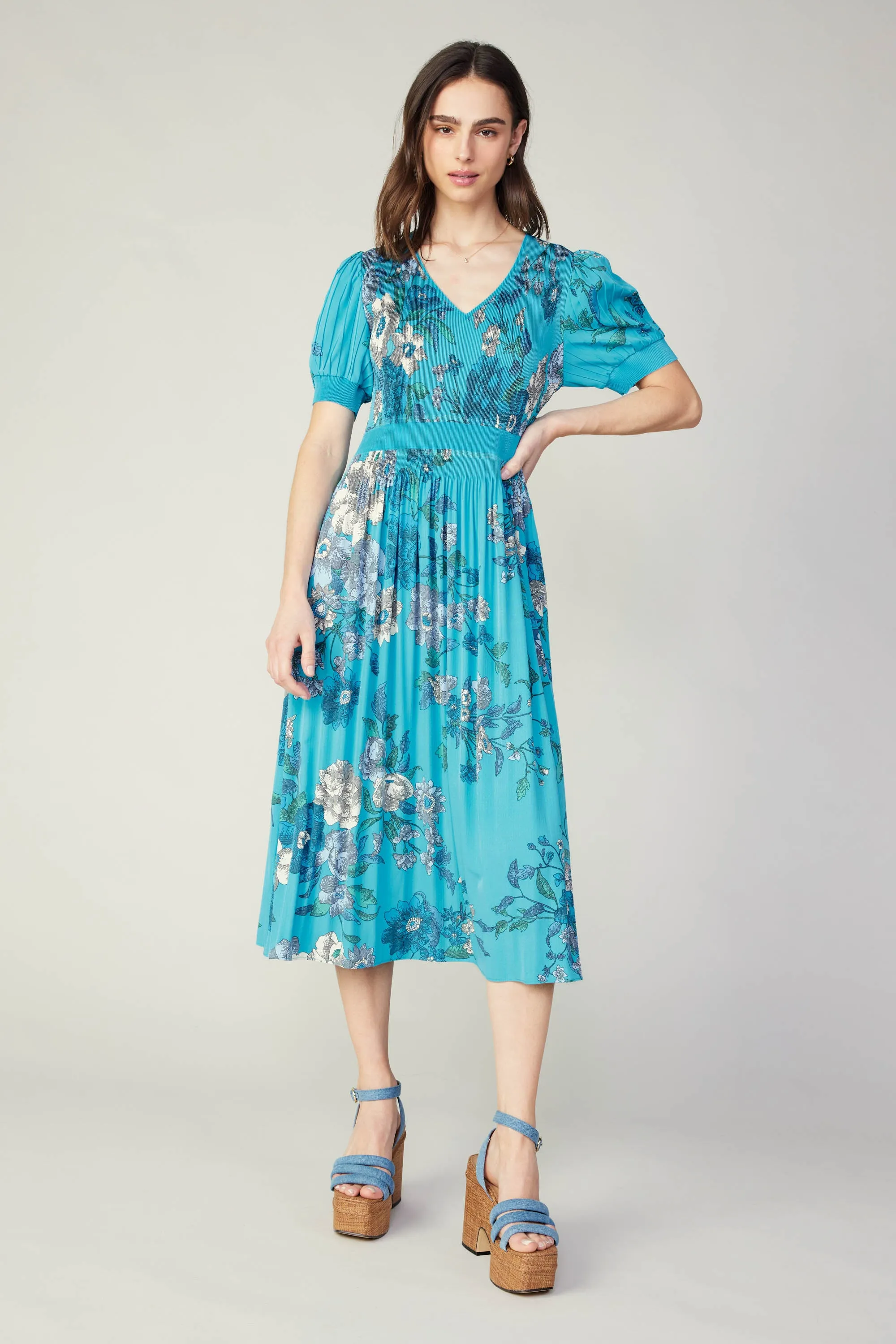Pleated Botanical Midi Dress sold by Current Air