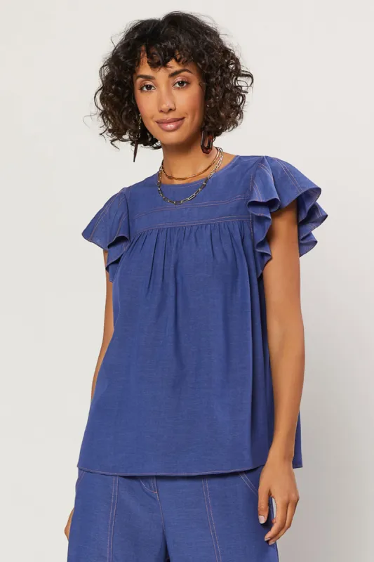 Indigo Ruffled Sleeve Top sold by Current Air
