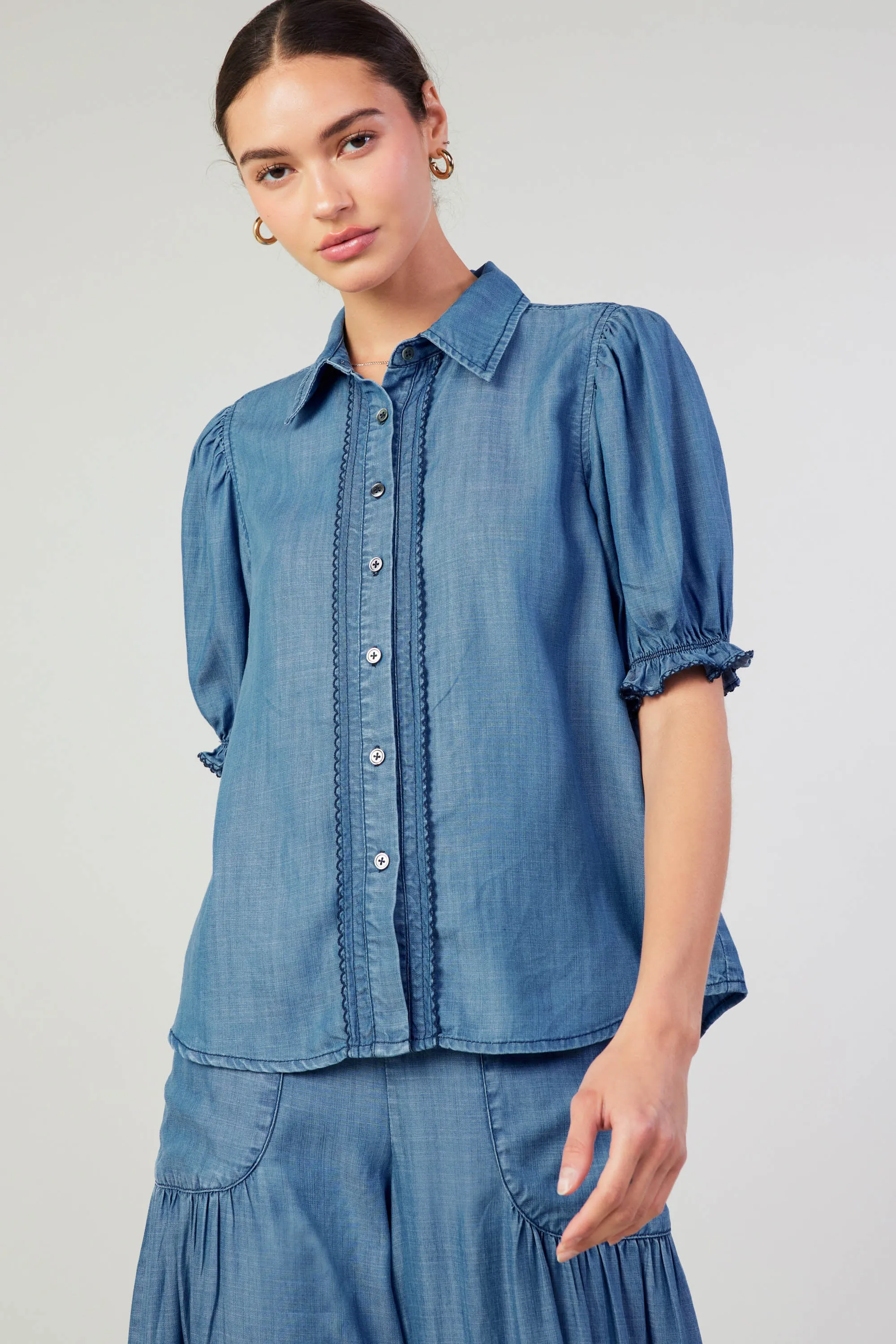 Picot Stitch Chambray Top sold by Current Air