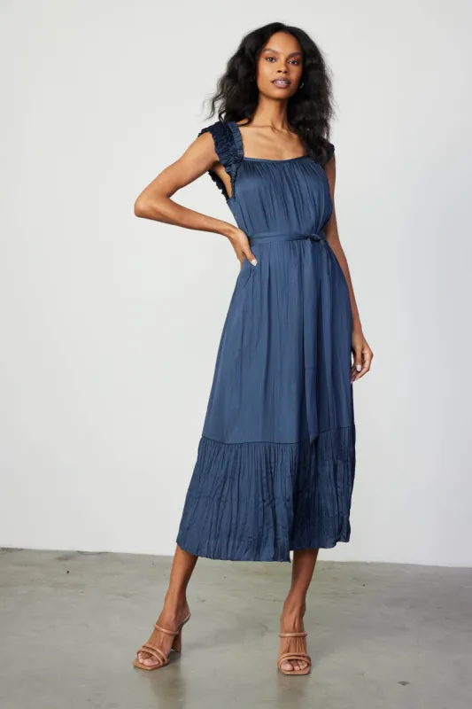 Crinkled Ruffled Shoulder Midi Dress sold by Current Air