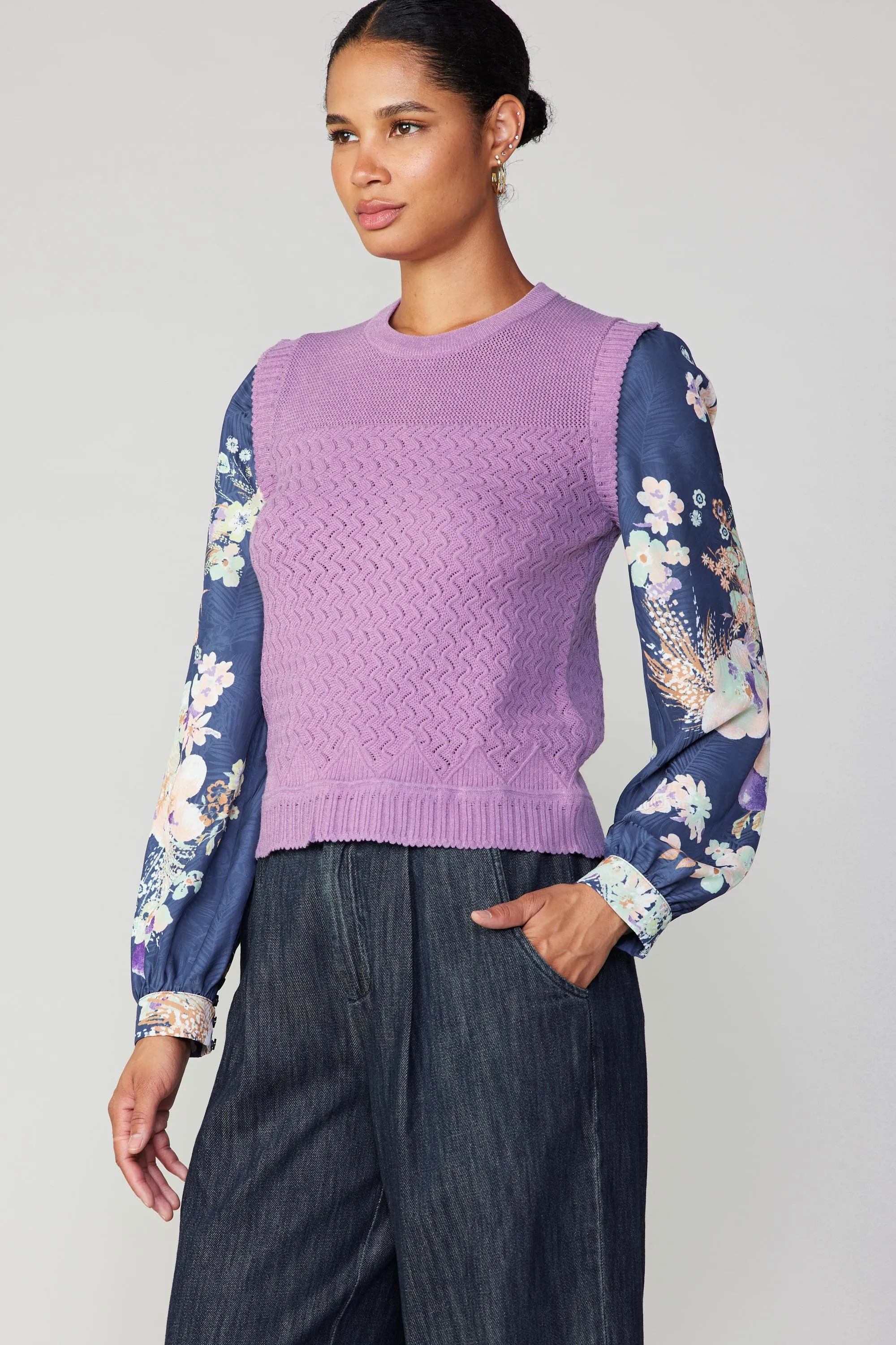 Floral Contrast Sleeve Sweater Top sold by Current Air product image thumbnail 2