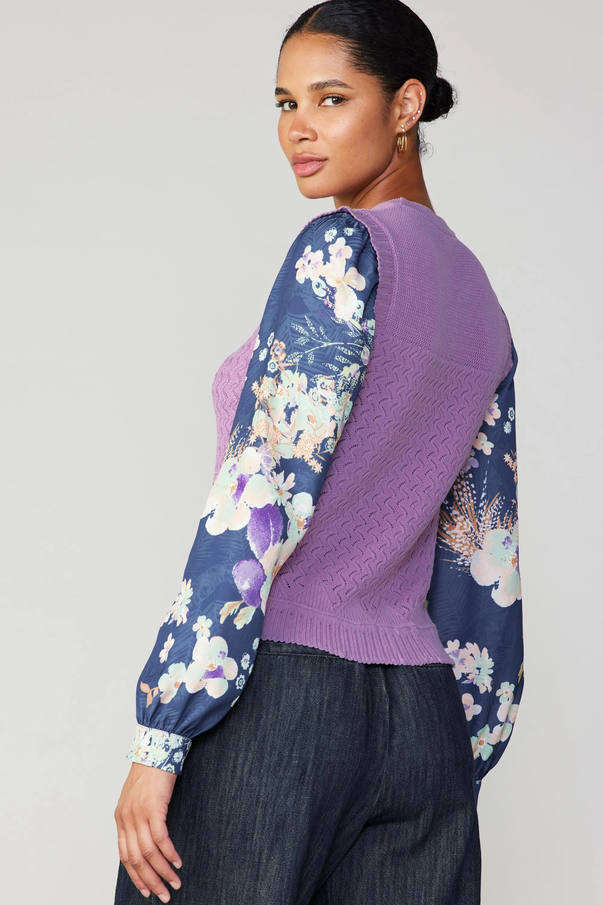 Floral Contrast Sleeve Sweater Top sold by Current Air product image thumbnail 5