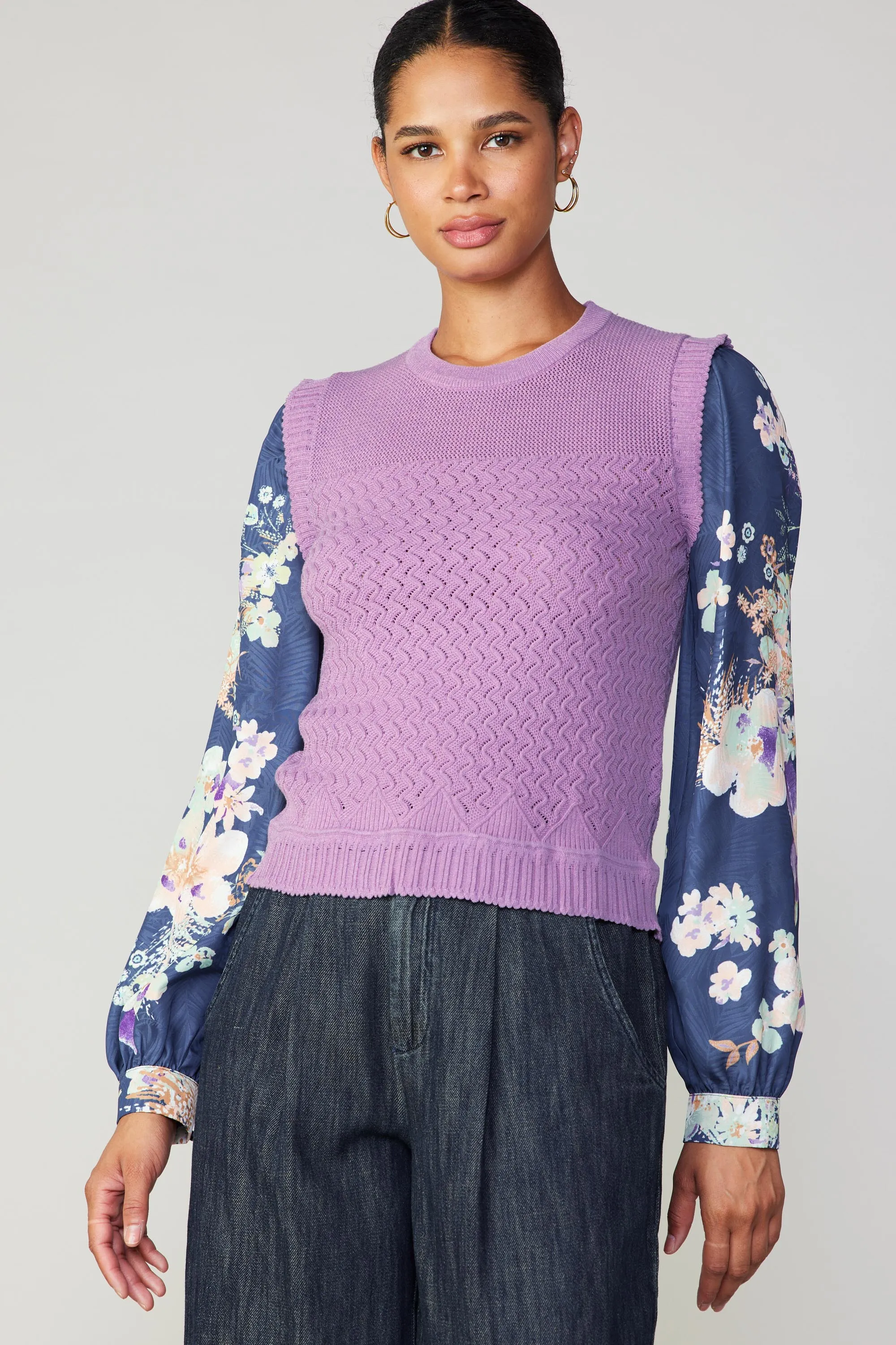 Floral Contrast Sleeve Sweater Top sold by Current Air