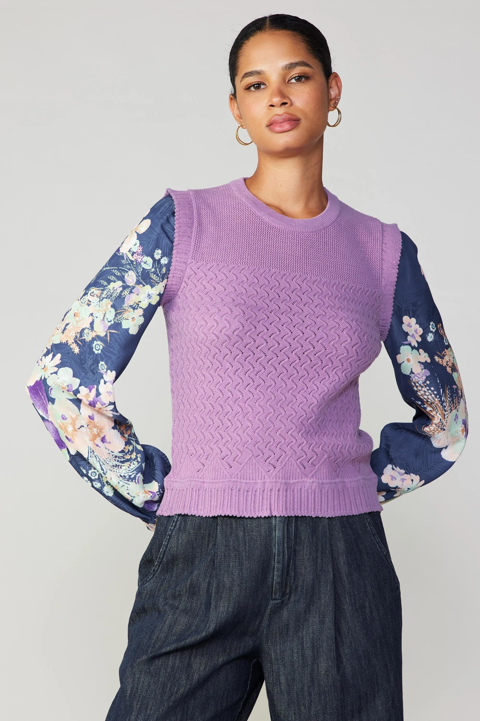 Floral Contrast Sleeve Sweater Top sold by Current Air product image thumbnail 3