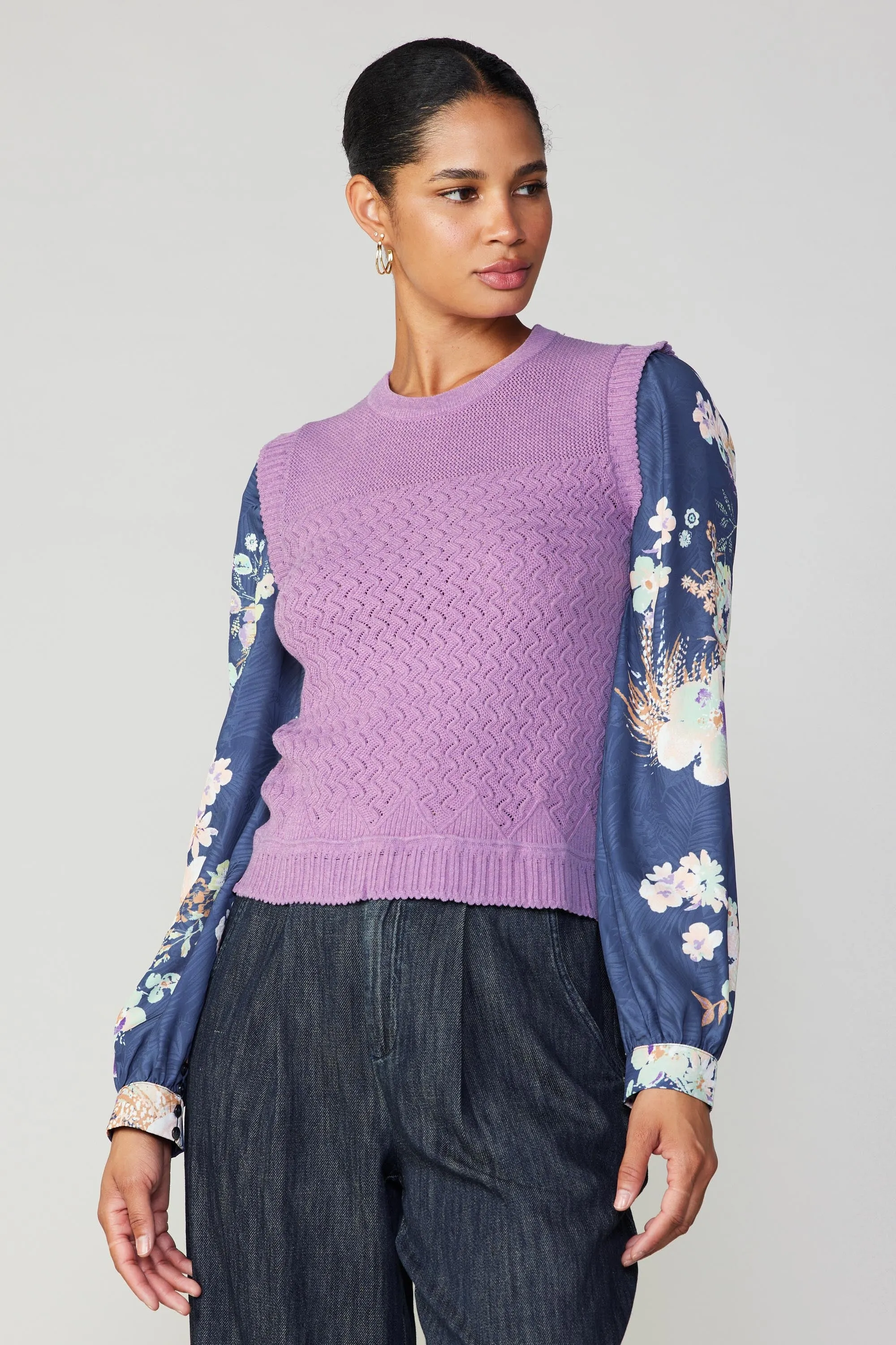Floral Contrast Sleeve Sweater Top sold by Current Air product image thumbnail 4