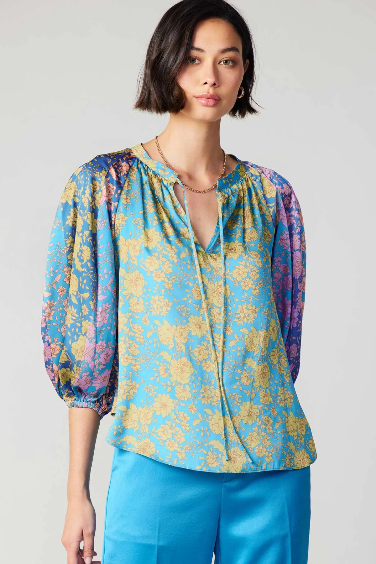Floral Colorblock Cuffed Blouse sold by Current Air product image thumbnail 2