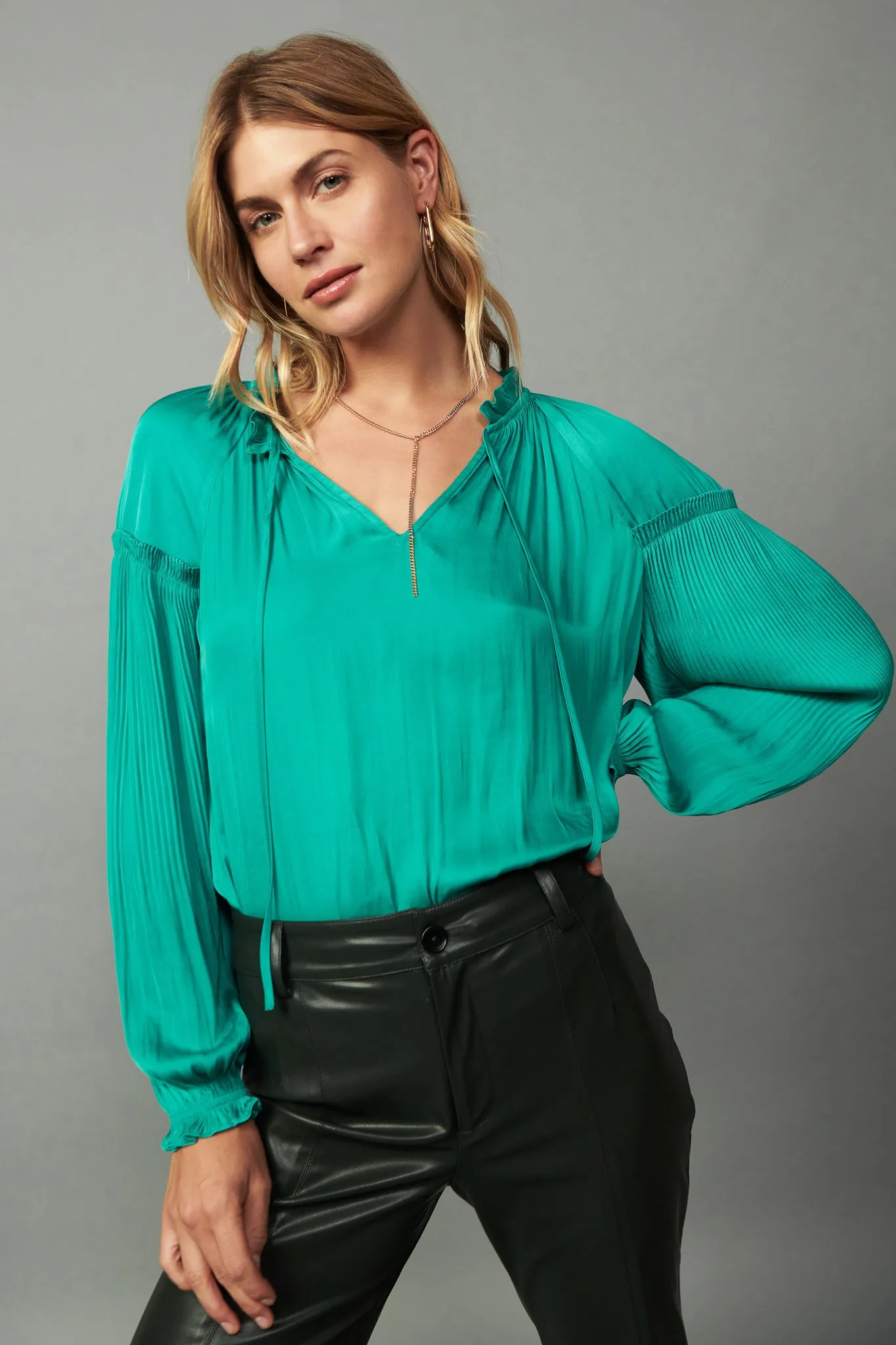 Ruffled Pleated Sleeve Blouse sold by Current Air