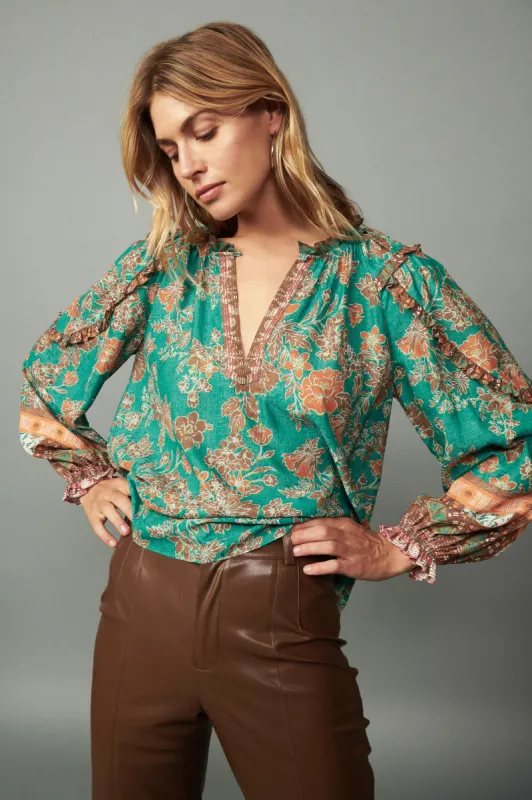 Border Ruffled Floral Blouse sold by Current Air