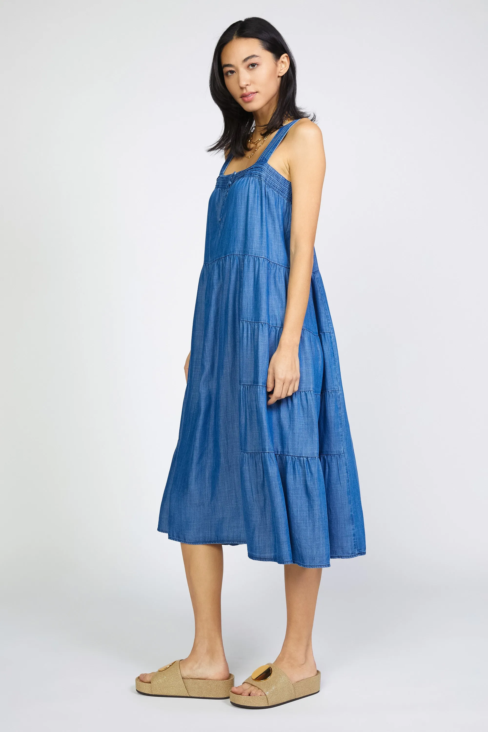 Chambray Tiered Midi Dress sold by Current Air product image thumbnail 4