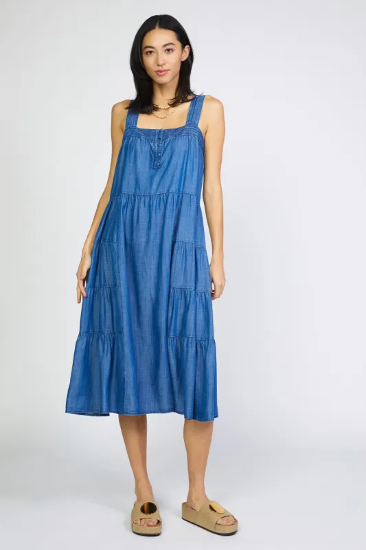 Chambray Tiered Midi Dress sold by Current Air