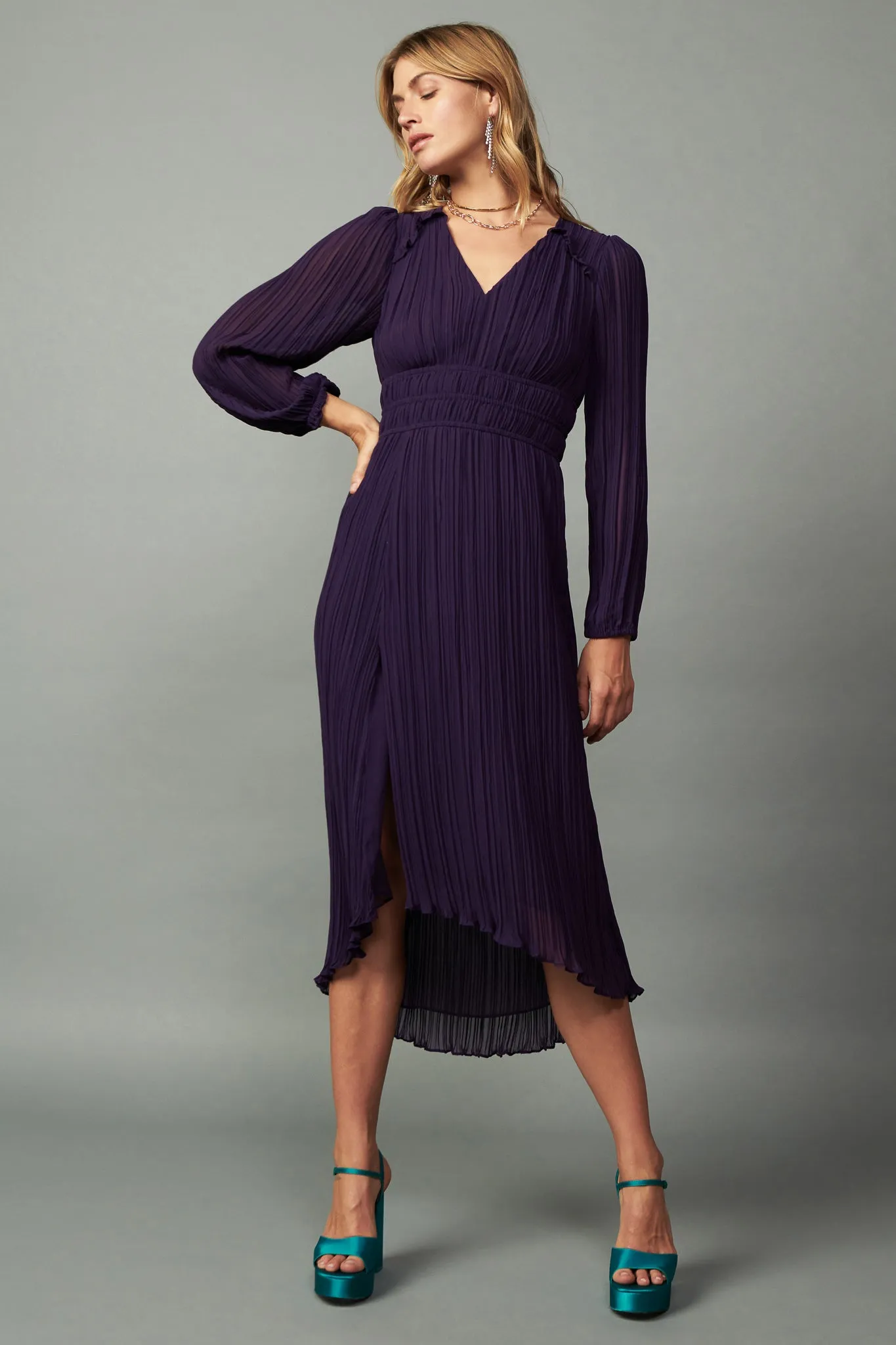 Pleated V-neck Midi Dress sold by Current Air