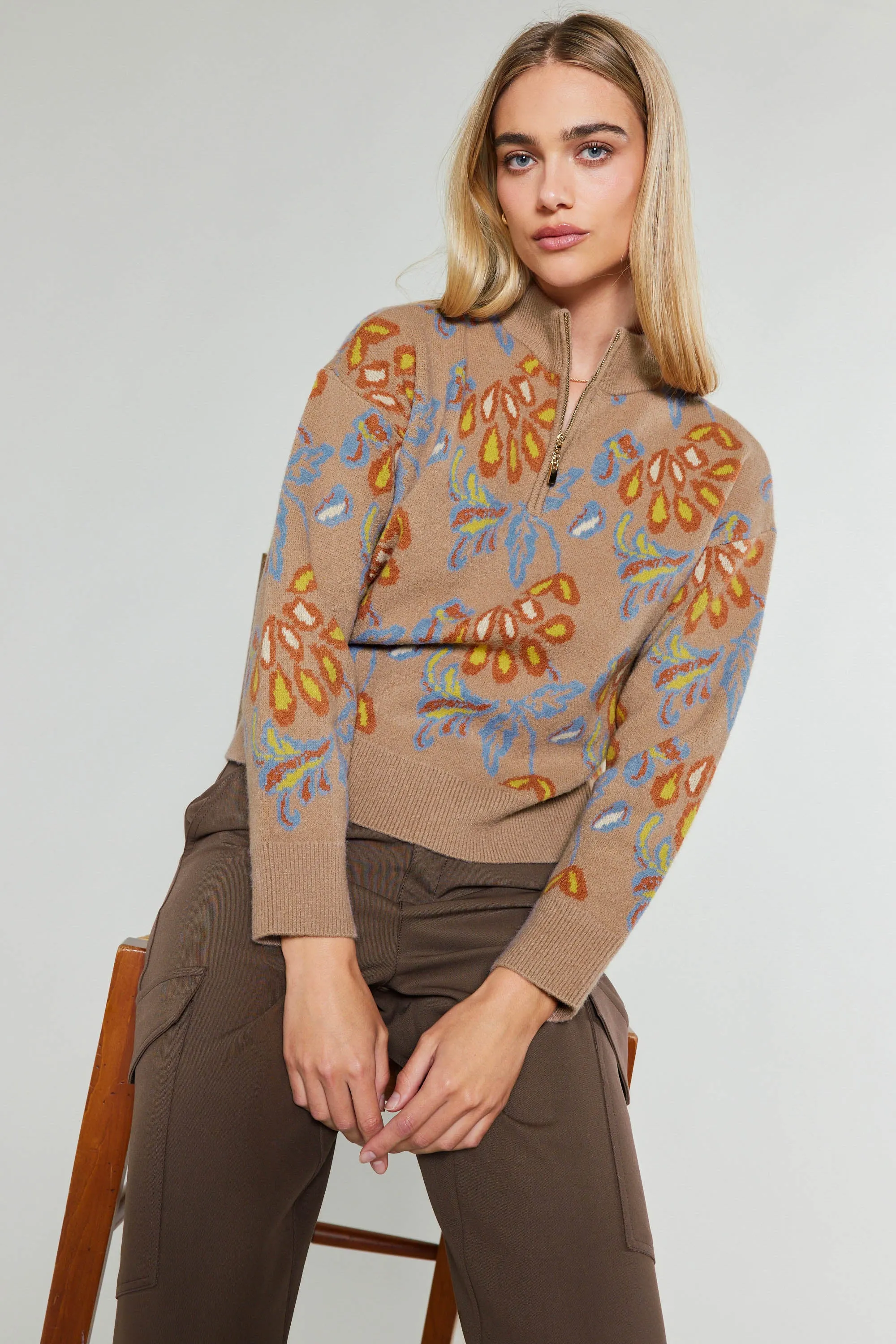 Floral Jacquard Zip Sweater sold by Current Air