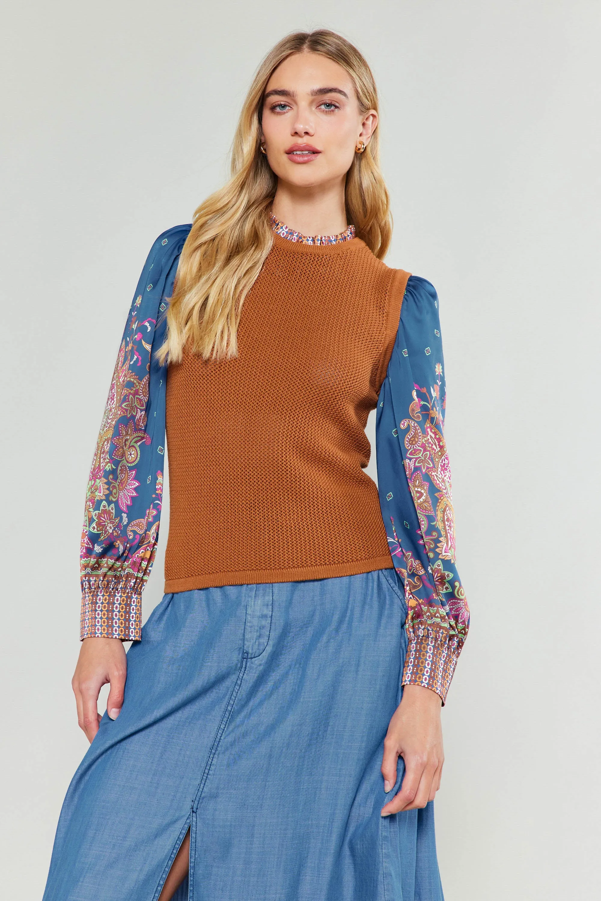 Paisley Contrast Sleeve Knit Top sold by Current Air product image thumbnail 4