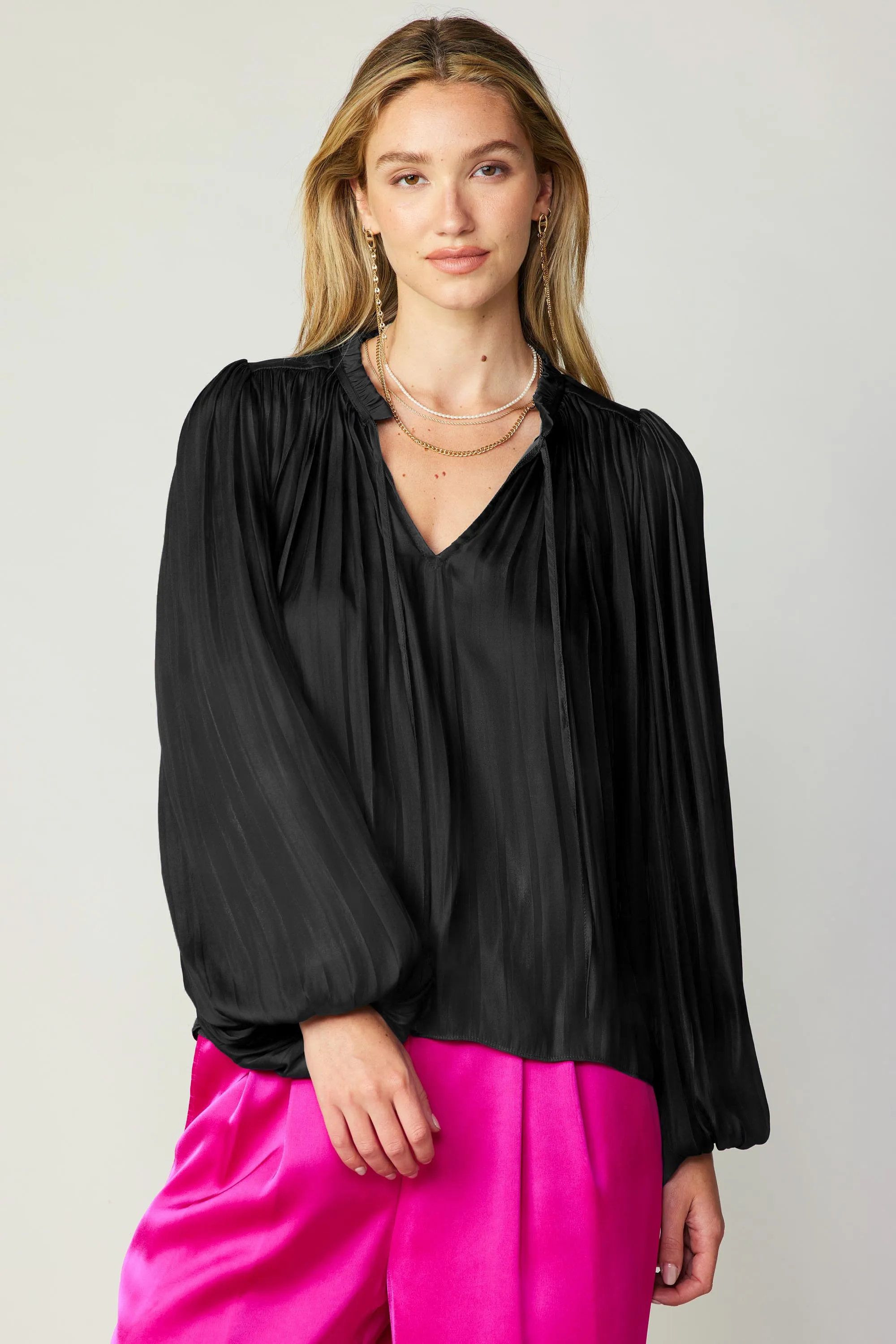 Pleated Puffed Sleeve Blouse sold by Current Air