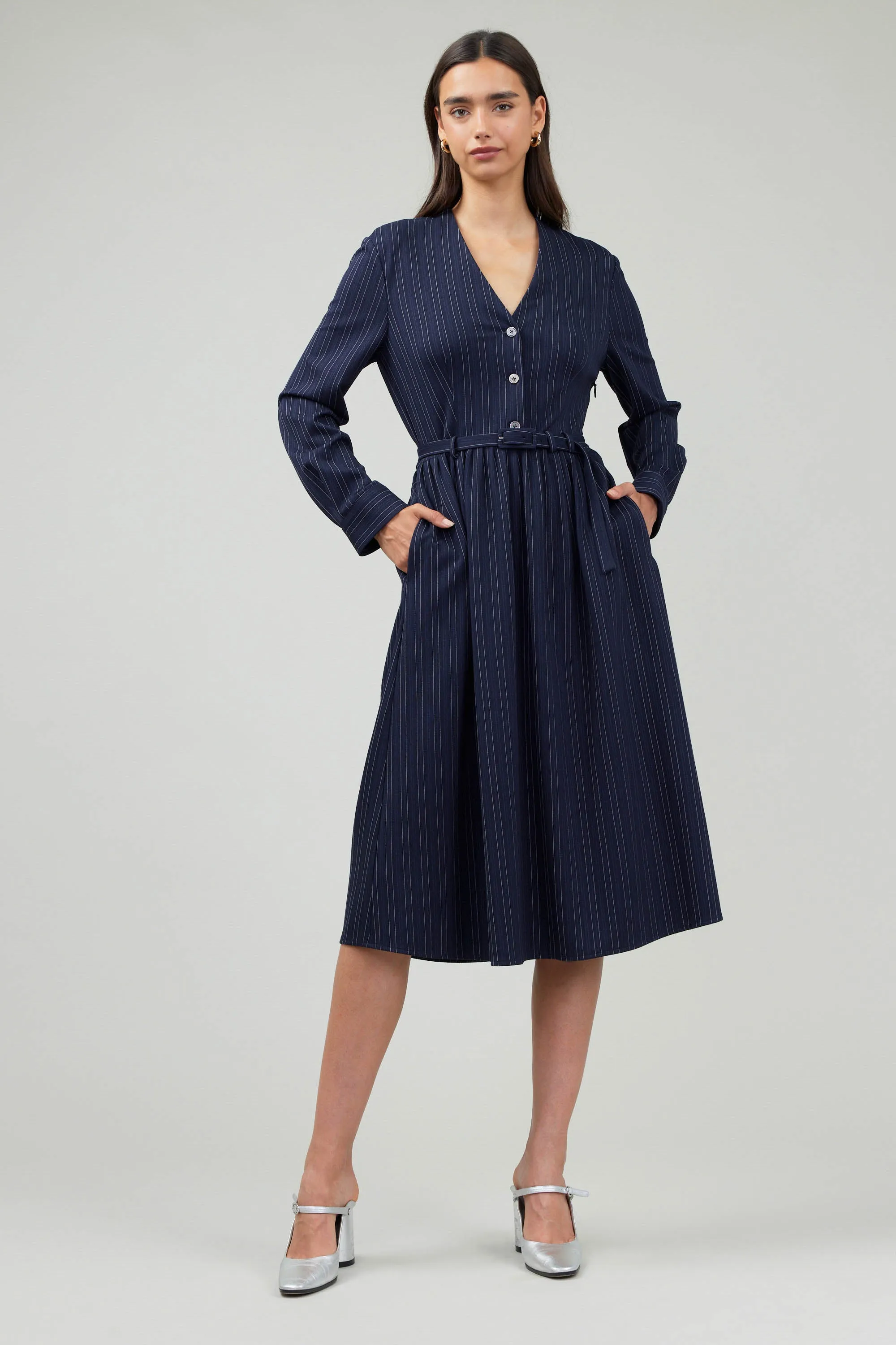 Pinstriped Buttondown Midi Dress sold by Current Air